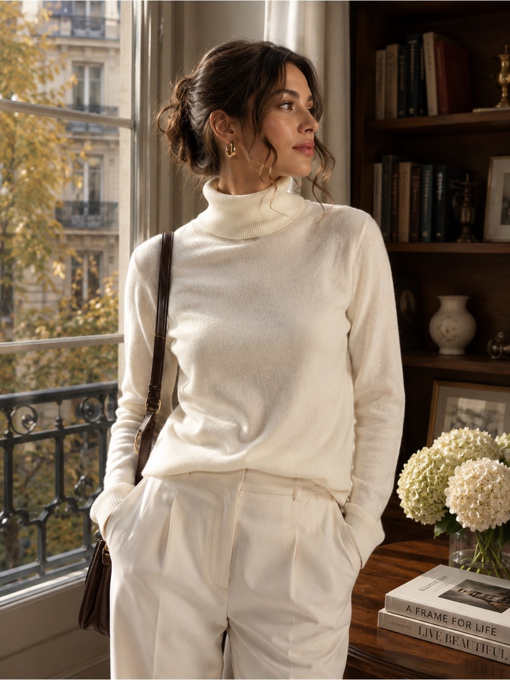 🇮🇹Size S- Classic Cream Turtleneck Sweater - Lightweight Cashmere Blend knit